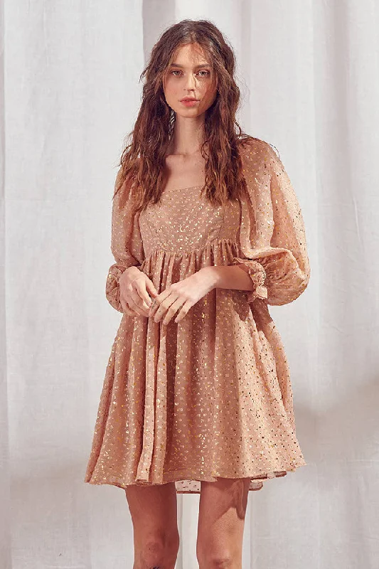 Storia Gold Flaked Embroidered Dots Baby Doll Mini Dress Stylish Summer Mini Dress