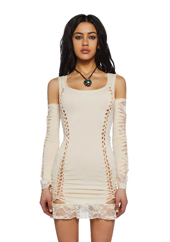 Alternative Spells Mini Dress & Gloves Set-Off White Trendy Mesh Mini Dress