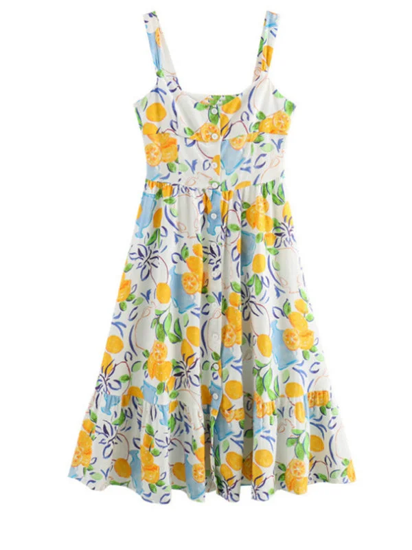 Ava's Botanical Print Button Suspender Mini Dress Fashionable Party Mini Dress