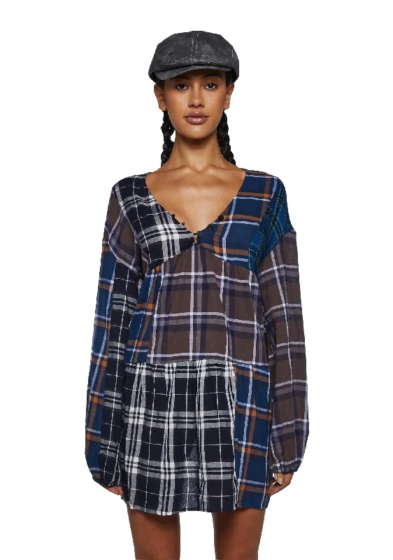 Better Together Plaid Mini Dress- Brown Trendy Mesh Mini Dress