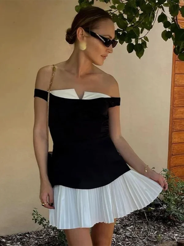 Blue Zone Planet | Bella's Elegant Spliced Off-Shoulder Sleeveless Pleated Mini Dress Chic Puff Sleeve Mini Dress Blue Zone Planet | Bella's Elegant Spliced Off-Shoulder Sleeveless Pleated Mini Dress Chic Puff Sleeve Mini Dress