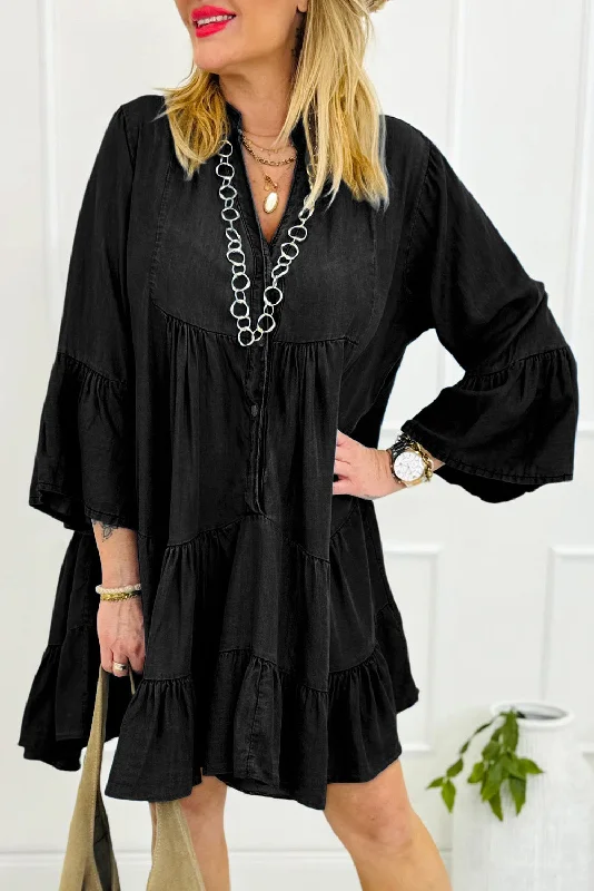 Blue Zone Planet |  Black Chambray Ruffled 3/4 Sleeve Tiered Split V Neck Mini Dress Chic Tropical Mini Dress
