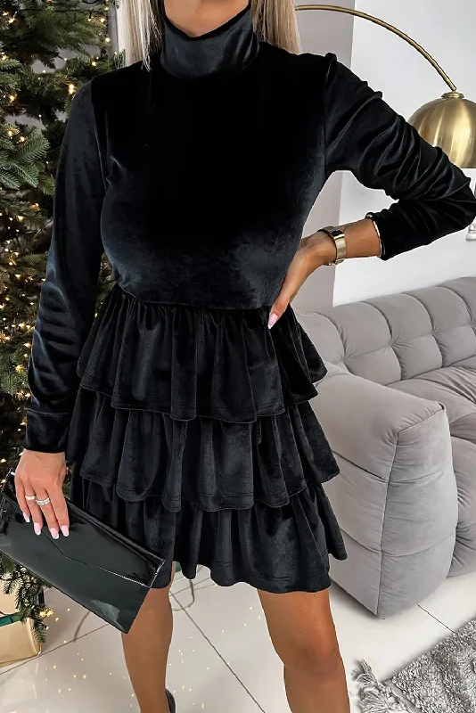 Blue Zone Planet |  Black Velvet High Neck Tiered Ruffle Mini Dress Trendy Tulle Mini Dress