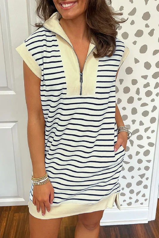 Blue Zone Planet |  Blue Stripe Quarter Zip Collared Cap Sleeve Mini Dress Comfortable Fit-and-Flare Mini Dress