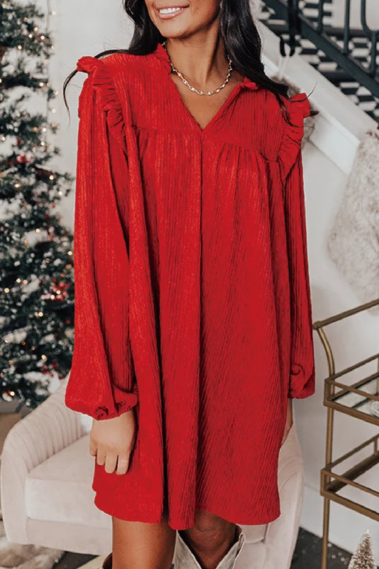 Blue Zone Planet |  Fiery Red Textured Ruffled Trim V Neck Loose Fit Mini Dress Trendy Tie-Dye Mini Dress