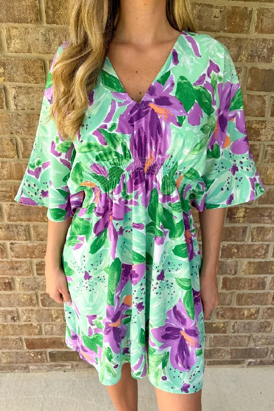 Blue Zone Planet |  Green Boho Floral Half Sleeve V Neck Shirred Waist Mini Dress Elegant Vintage Mini Dress