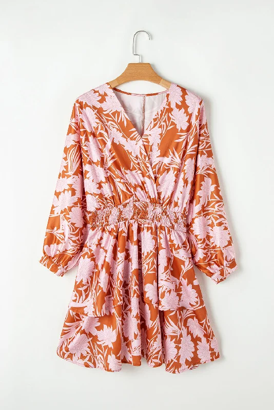 Blue Zone Planet | Lea's Brown Floral Puff Sleeve Smocked Waist Layered Mini Dress Casual High-Waist Mini Dress Blue Zone Planet | Lea's Brown Floral Puff Sleeve Smocked Waist Layered Mini Dress Casual High-Waist Mini Dress
