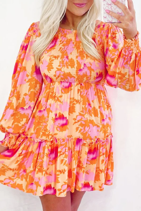 Blue Zone Planet |  Orange Abstract Print Smocked Lantern Sleeve Ruffle Mini Dress Comfortable Bodycon Mini Dress