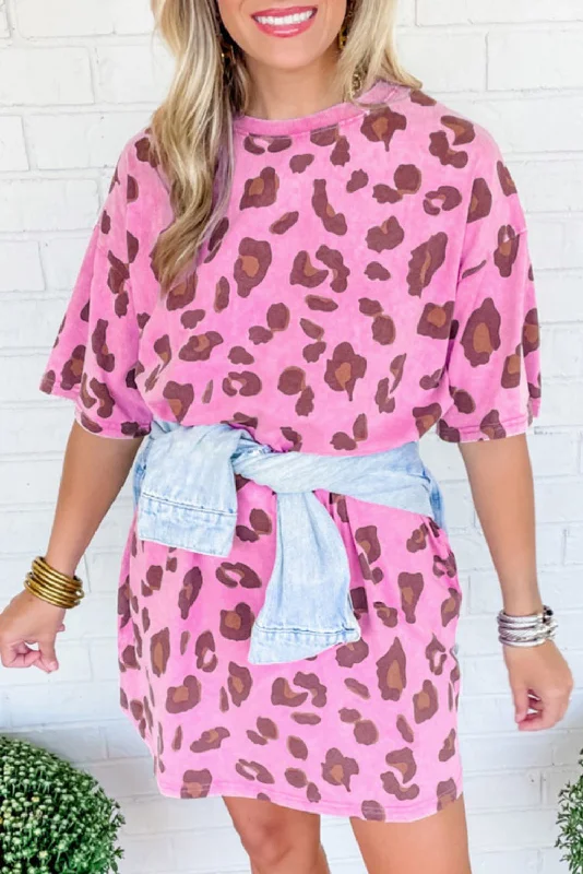 Blue Zone Planet |  Pink Leopard Mineral Wash Side Pocket Shift Mini Dress Elegant Satin Mini Dress