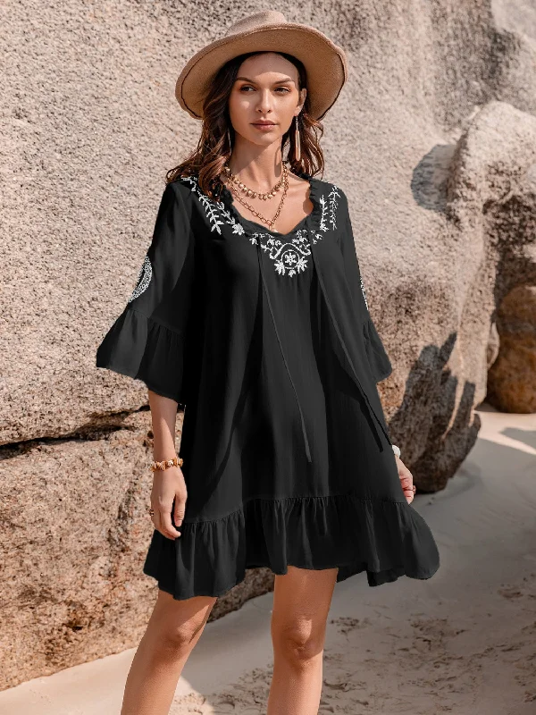 Blue Zone Planet | Printed Tie Neck Flounce Sleeve Mini Dress Stylish Floral Print Mini Dress Blue Zone Planet | Printed Tie Neck Flounce Sleeve Mini Dress Stylish Floral Print Mini Dress