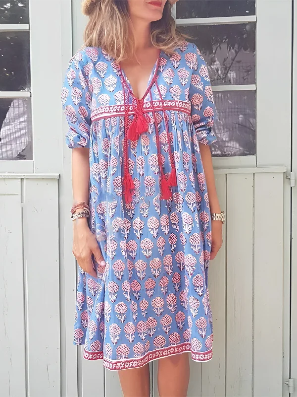 Blue Zone Planet | Printed Tie Neck Half Sleeve Mini Dress Comfortable Polka Dot Mini Dress Blue Zone Planet | Printed Tie Neck Half Sleeve Mini Dress Comfortable Polka Dot Mini Dress