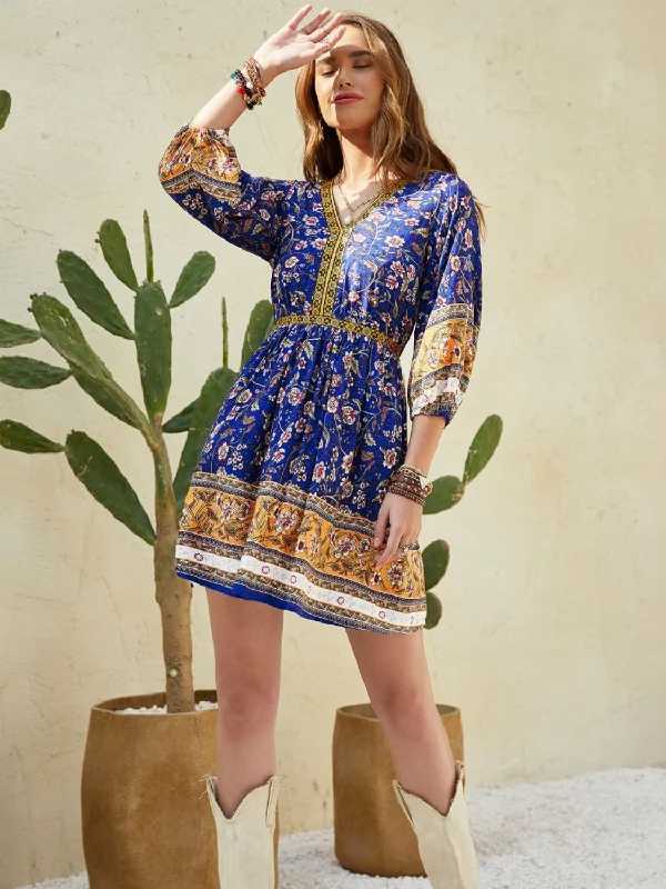 Blue Zone Planet |  Printed V-Neck Mini Dress Fashionable Button-Front Mini Dress