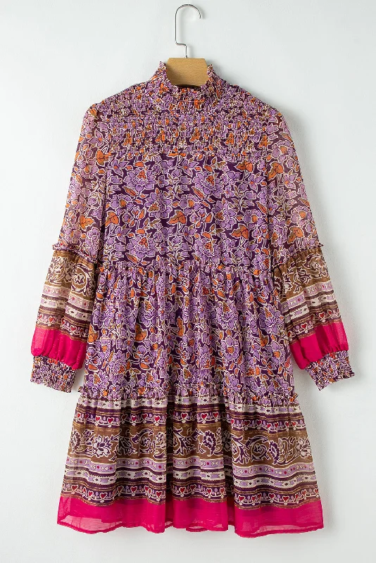 Blue Zone Planet | Purple Floral Smocked Puff Sleeve High Neck Mini Dress Elegant Velvet Mini Dress Blue Zone Planet | Purple Floral Smocked Puff Sleeve High Neck Mini Dress Elegant Velvet Mini Dress