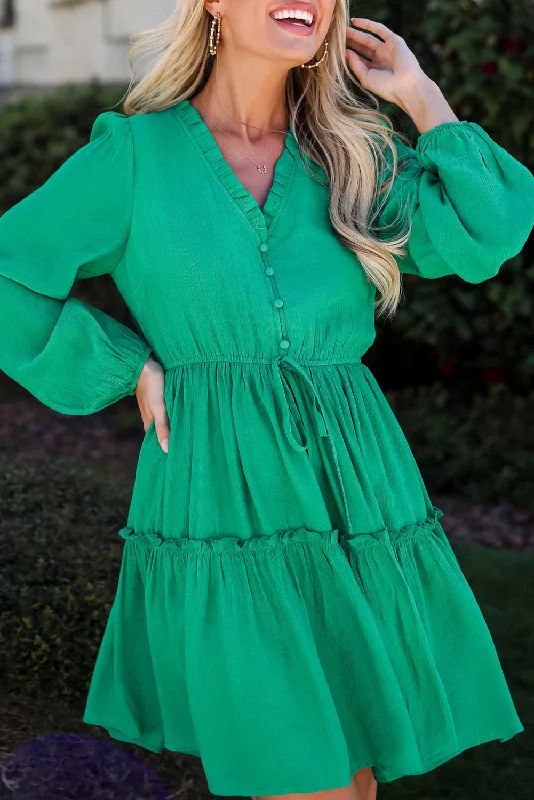 Blue Zone Planet |  Sea Green Frilly V Neck Puff Sleeve Drawstring Shift Mini Dress Cozy Jersey Mini Dress