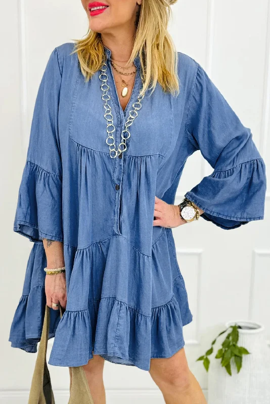 Blue Zone Planet |  Sky Blue Chambray Ruffled 3/4 Sleeve Tiered Split V Neck Mini Dress Fashionable Mini Dress with Slits