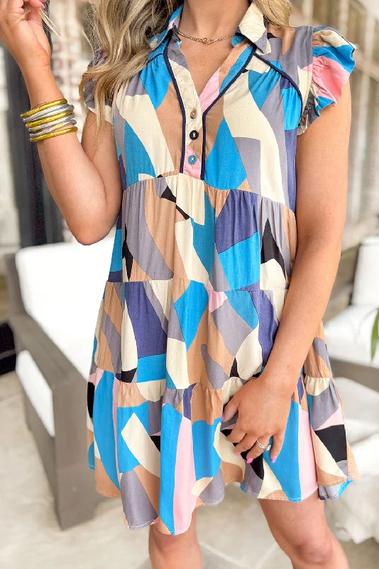 Blue Zone Planet | Sky Blue Geometric Print Ruffled Cap Sleeve Collared Mini Dress Comfortable Off-Shoulder Mini Dress Blue Zone Planet | Sky Blue Geometric Print Ruffled Cap Sleeve Collared Mini Dress Comfortable Off-Shoulder Mini Dress