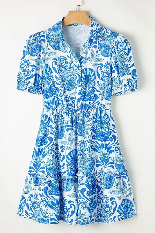 Blue Zone Planet |  Sky Blue Retro Floral Print Drawstring Waist Ruffled Mini Dress Modern Satin Mini Dress
