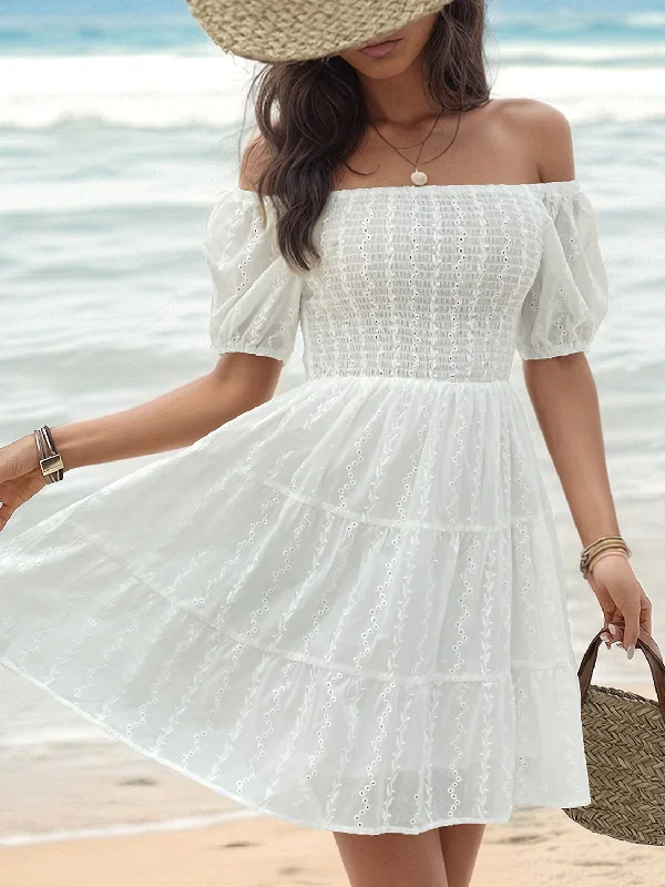 Blue Zone Planet | Smocked Eyelet Off-Shoulder Mini Dress Chic Mini Dress with V-Neck Blue Zone Planet | Smocked Eyelet Off-Shoulder Mini Dress Chic Mini Dress with V-Neck