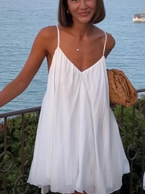 Blue Zone Planet | Cara's Fluffy Pleated Hem Backless V-Neck Strappy Mini Dress Comfortable Bodycon Mini Dress