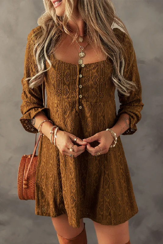 Blue Zone Planet |  Chestnut Lace Crochet Buttoned Square Neck Shift Mini Dress Elegant Mini Dress with Ruffles