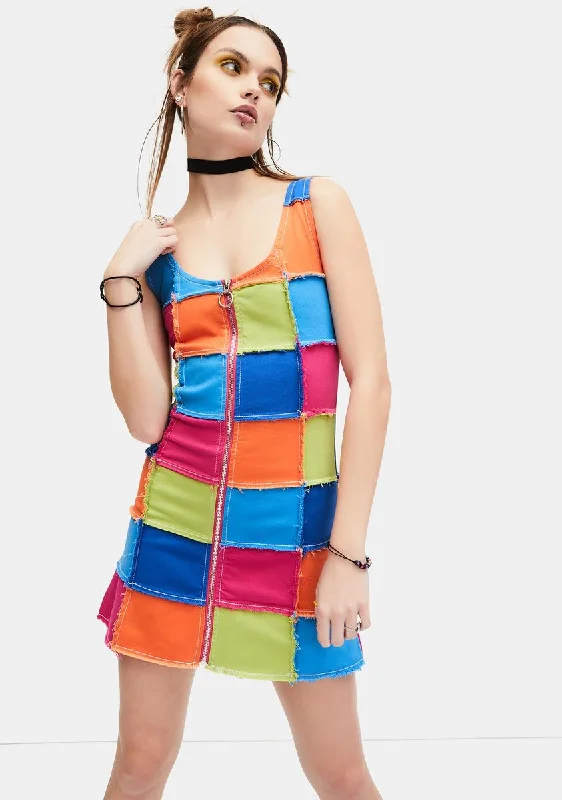 Colorful Life Patchwork Mini Dress Modern Satin Mini Dress