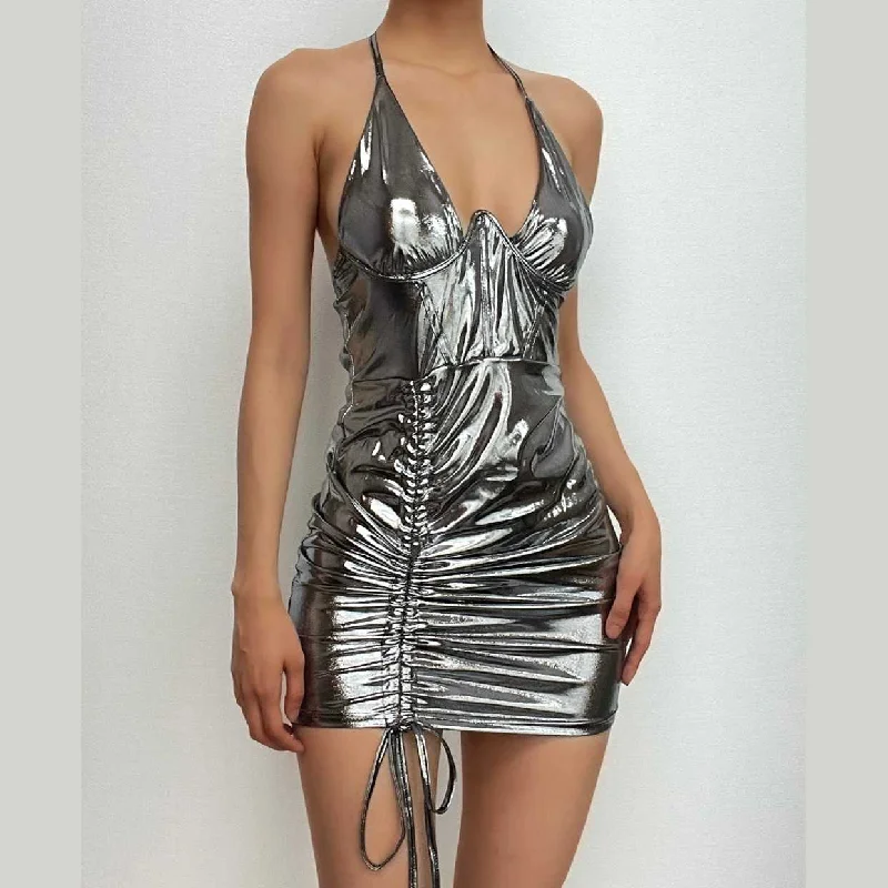 Cross front drawstring low cut metallic halter solid mini dress Fashionable A-Line Mini Dress