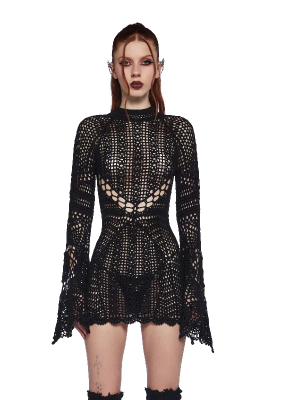 Dark Destiny Crochet Mini Dress - Black Stylish Short Sleeve Mini Dress