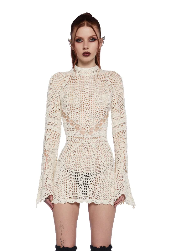 Dark Destiny Crochet Mini Dress - White Fashionable A-Line Mini Dress