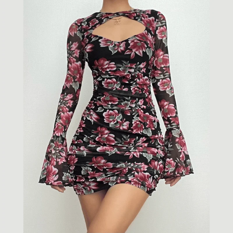 Flower print contrast hollow out long flared sleeve cut out mini dress Comfortable One-Shoulder Mini Dress