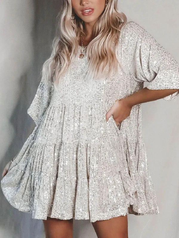 Blue Zone Planet |  Full Size Sequin Round Neck Half Sleeve Mini Dress Stylish Ribbed Mini Dress