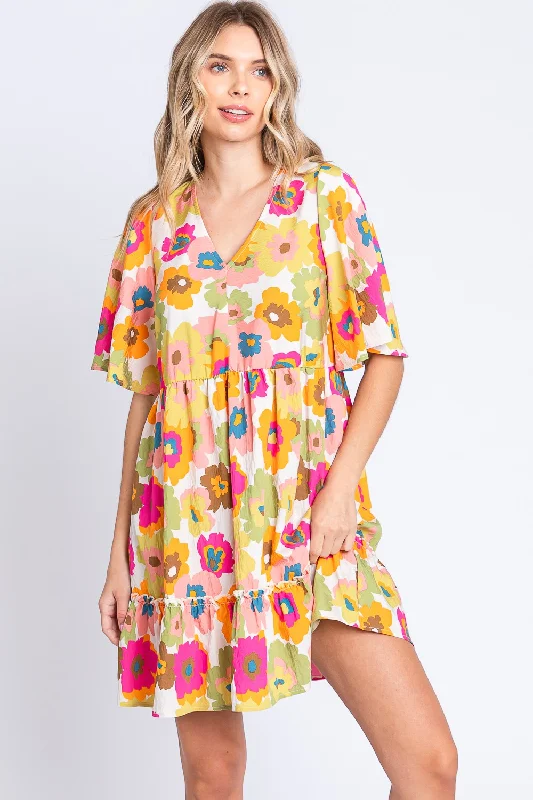 GeeGee Floral V-Neck Ruffle Hem Mini Dress Trendy Tulle Mini Dress