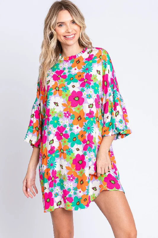 GeeGee Full Size Floral Round Neck Lantern Sleeve Mini Dress Elegant Lace Mini Dress