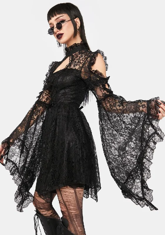 Gothic Sexy Lace Bell Sleeve Mini Dress Cozy Cowl Neck Mini Dress