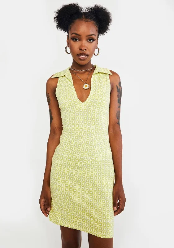 Green Geo Retro Jelita Mini Dress Chic Halter Mini Dress