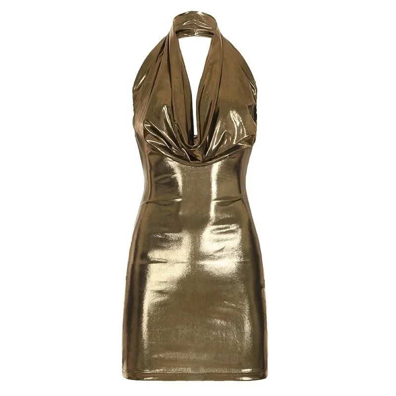 Halter cowl neck metallic backless mini dress Elegant Sequin Mini Dress