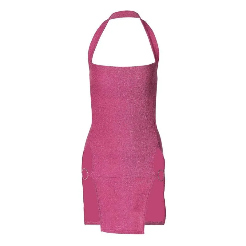 Halter o ring high slit glitter backless solid mini dress Fashionable Pleated Mini Dress