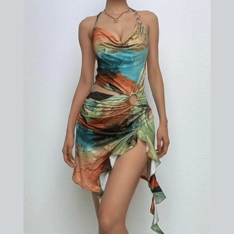 Halter print cowl neck o ring ruffle mini dress Trendy Denim Mini Dress