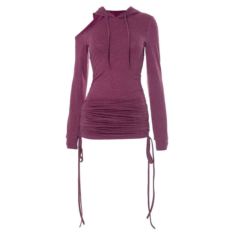 Hoodie long sleeve drawstring off shoulder mini dress Cozy Long Sleeve Mini Dress