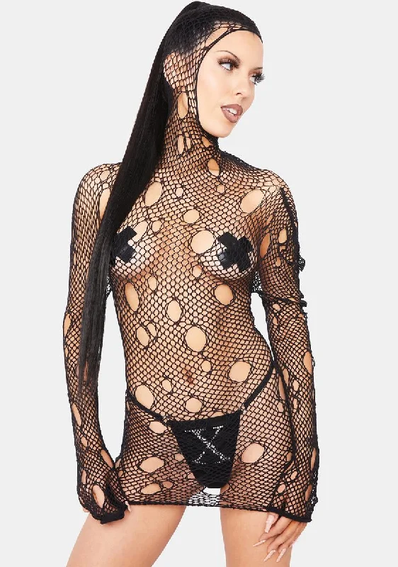 Hooked On You Fishnet Mini Dress Classic Black Mini Dress