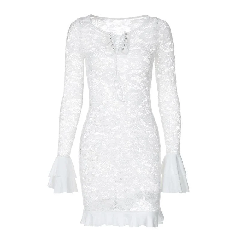 Long flared sleeve lace see through lace up mini dress Comfortable Casual Mini Dress Long flared sleeve lace see through lace up mini dress Comfortable Casual Mini Dress