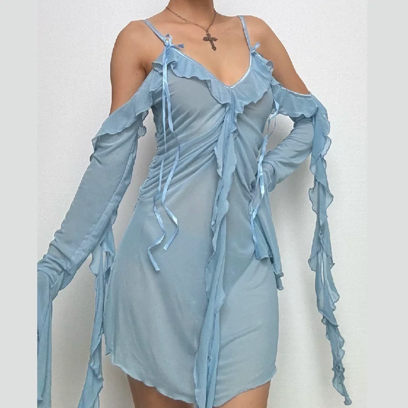 Long flared sleeve Off shoulder sheer mesh ruffle mini dress Classic Black Mini Dress