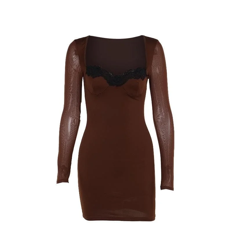 Long sleeve lace hem solid mini dress Trendy Bodycon Mini Dress