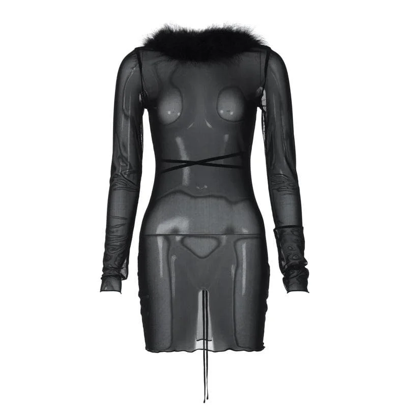 Long sleeve sheer mesh feather ruffle backless mini dress Comfortable Polka Dot Mini Dress