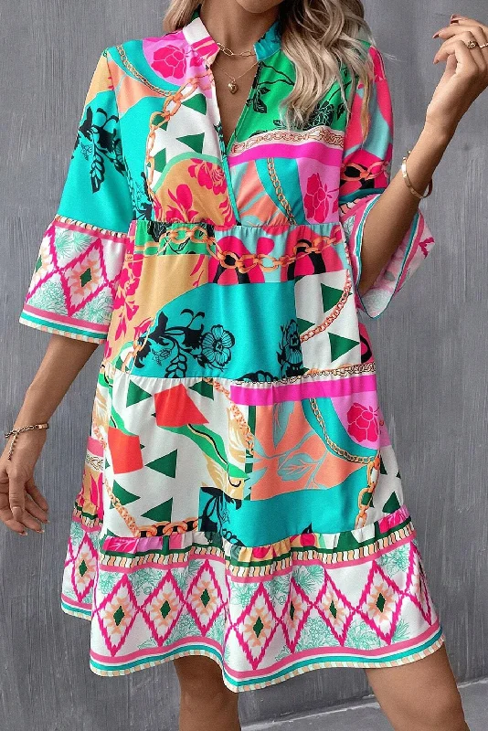 Blue Zone Planet |  Multicolour Abstract Printed Half Sleeve Notched Neck Mini Dress Trendy Off-Shoulder Dress Mini