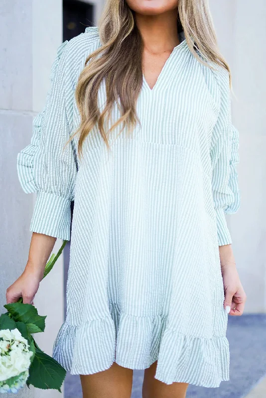 Blue Zone Planet |  Myosotis Seersucker Ruffled Puff Sleeve Stand Neck Mini Dress Trendy Camisole Mini Dress