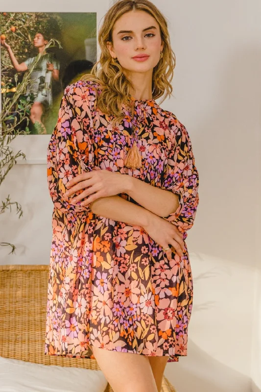 ODDI Full Size Floral Tied Neck Mini Dress Classic Floral Print Mini Dress