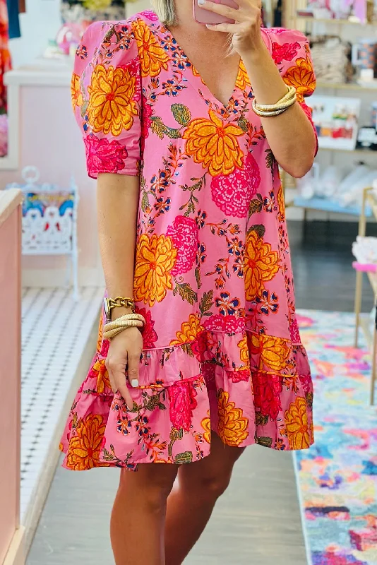 Blue Zone Planet |  Pink Floral Bubble Sleeve V Neck Ruffled Mini Dress Fashionable Mini Dress with Frills