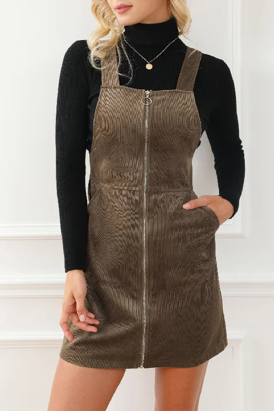 Pocketed Zip Up Wide Strap Mini Dress Fashionable Mini Dress with Frills
