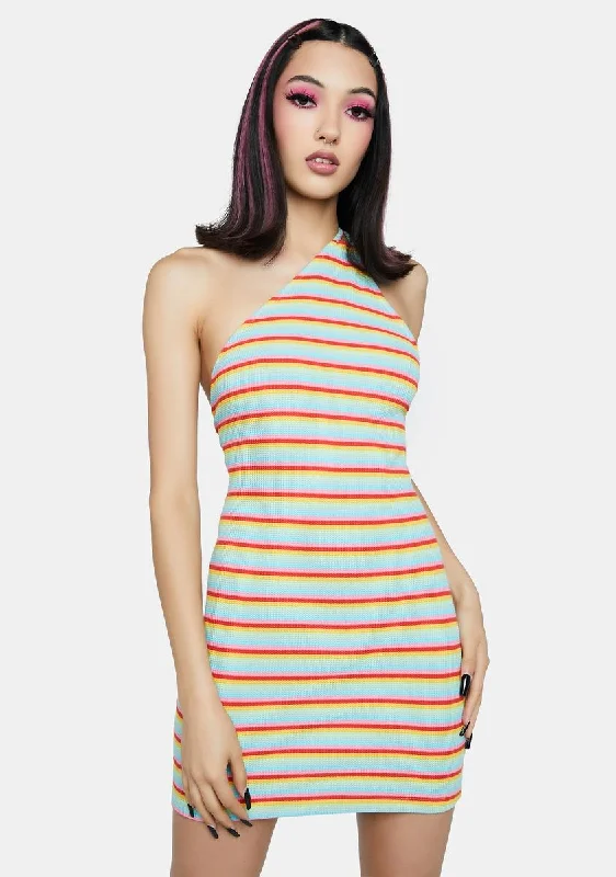 Rainbow Stripe Mini Dress Stylish Short-Sleeve Mini Dress
