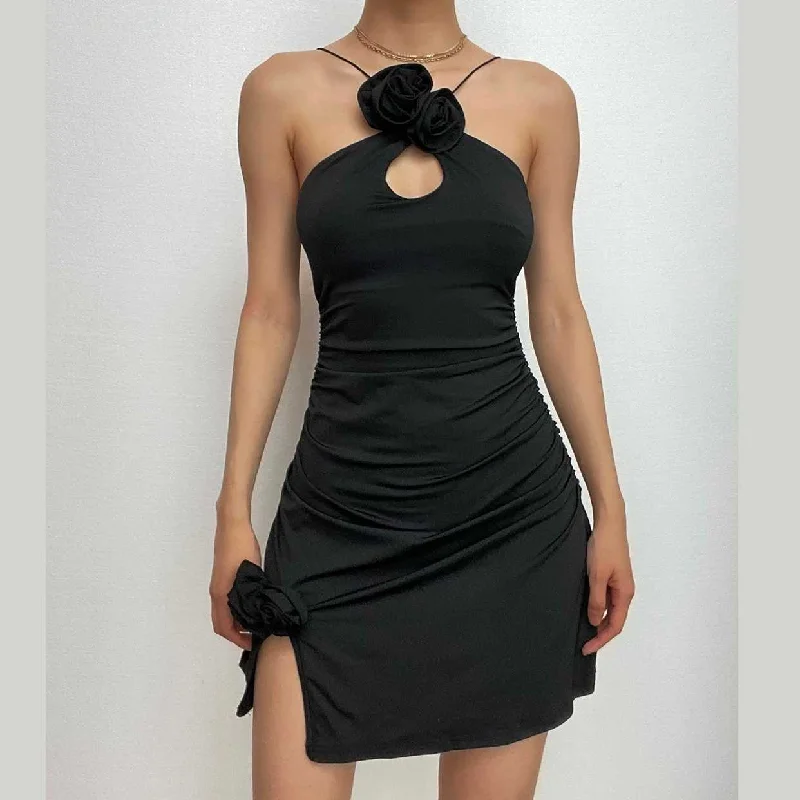 Ruched flower applique hollow out backless slit cut out mini dress Cozy A-Line Mini Dress